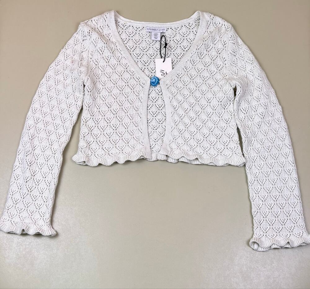 Sincerely Jules Women’s XS Cream Crochet Knit Cropped Cardigan Bell Sleeve NWT